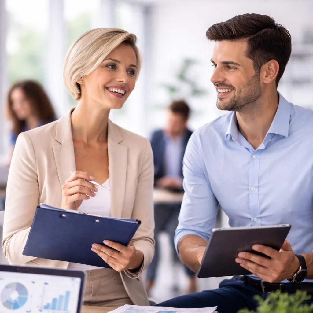 Beratungsgespräch zur Personalvermittlung und Zeitarbeit zwischen HR-Experten